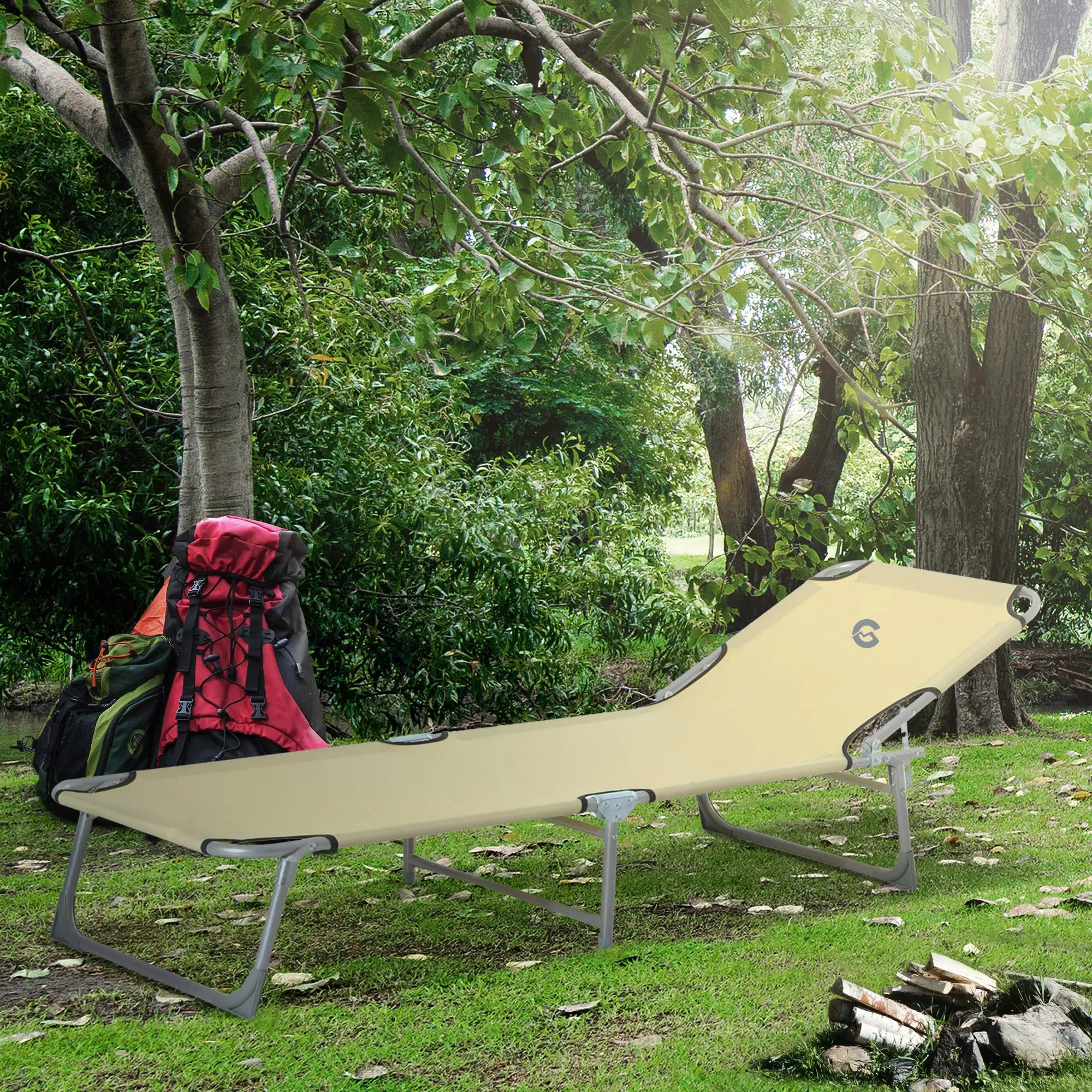 Beige Reclining Folding Camping Bed